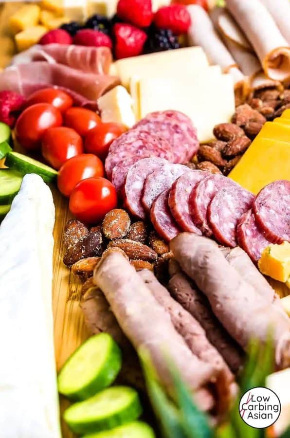 a keto charcuterie board with veggies, meat, and cheese from low carbing asian