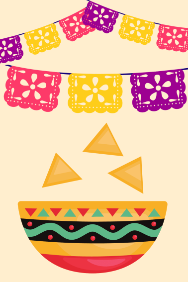 Image shows a nacho bowl with a Mexican banner decoration on top