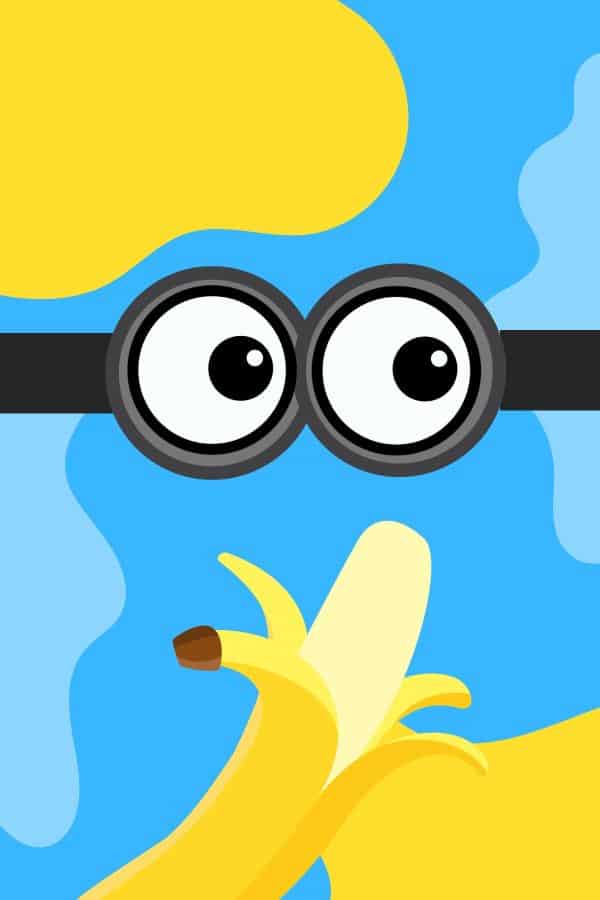 Image shows a drawing of a minion-like figure, eating a banana.