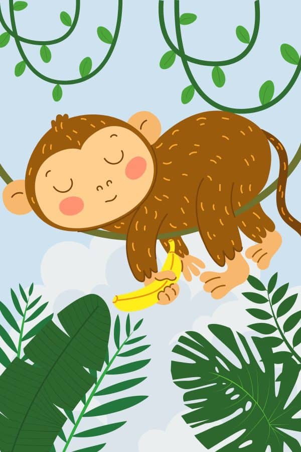 Image shows a drawing of a monkey sleeping in the jungle while holding a banana.