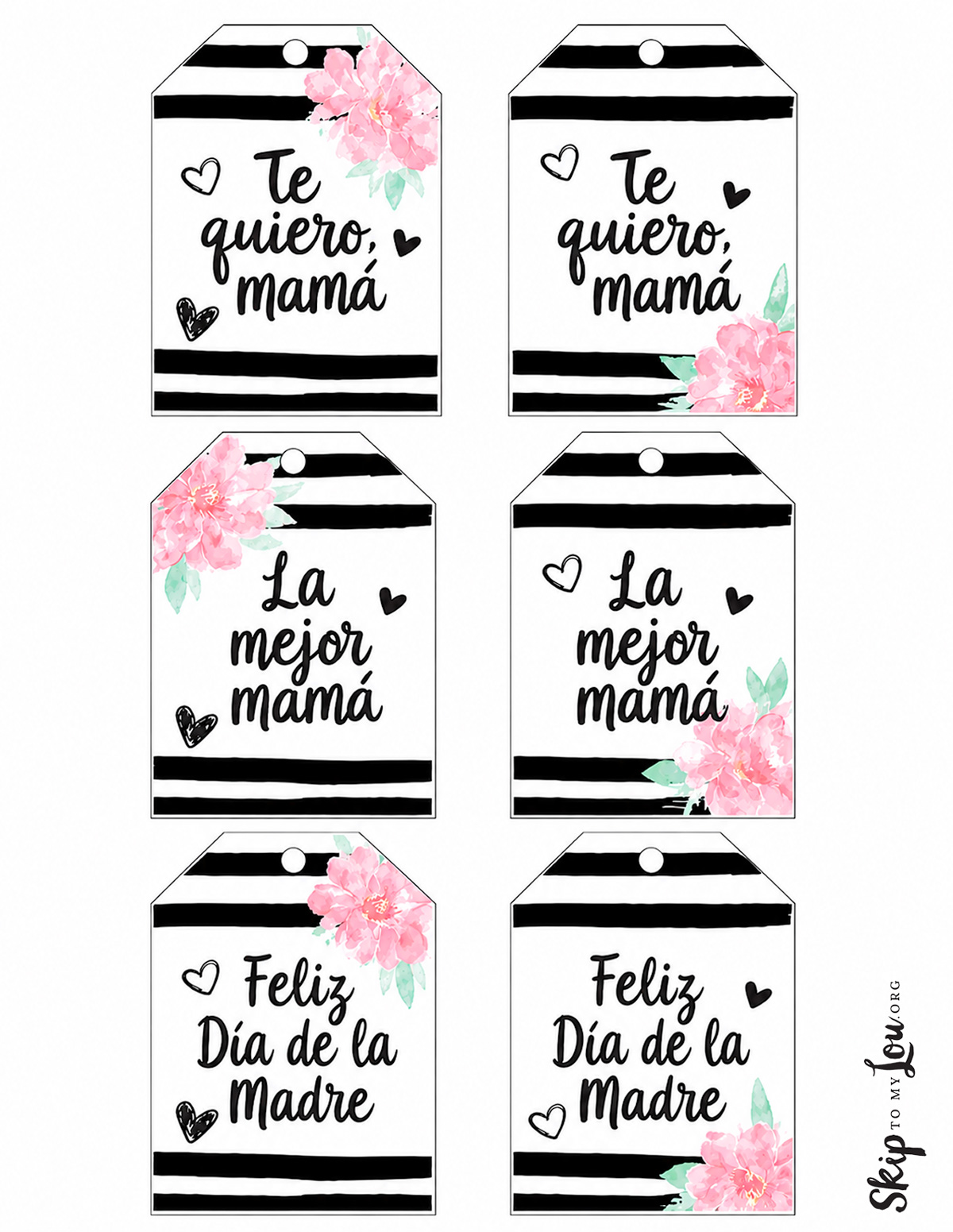 Printable Spanish Mother’s Day gift tags with Te quiero mamá, La mejor mamá, and Feliz Día de la Madre designs.