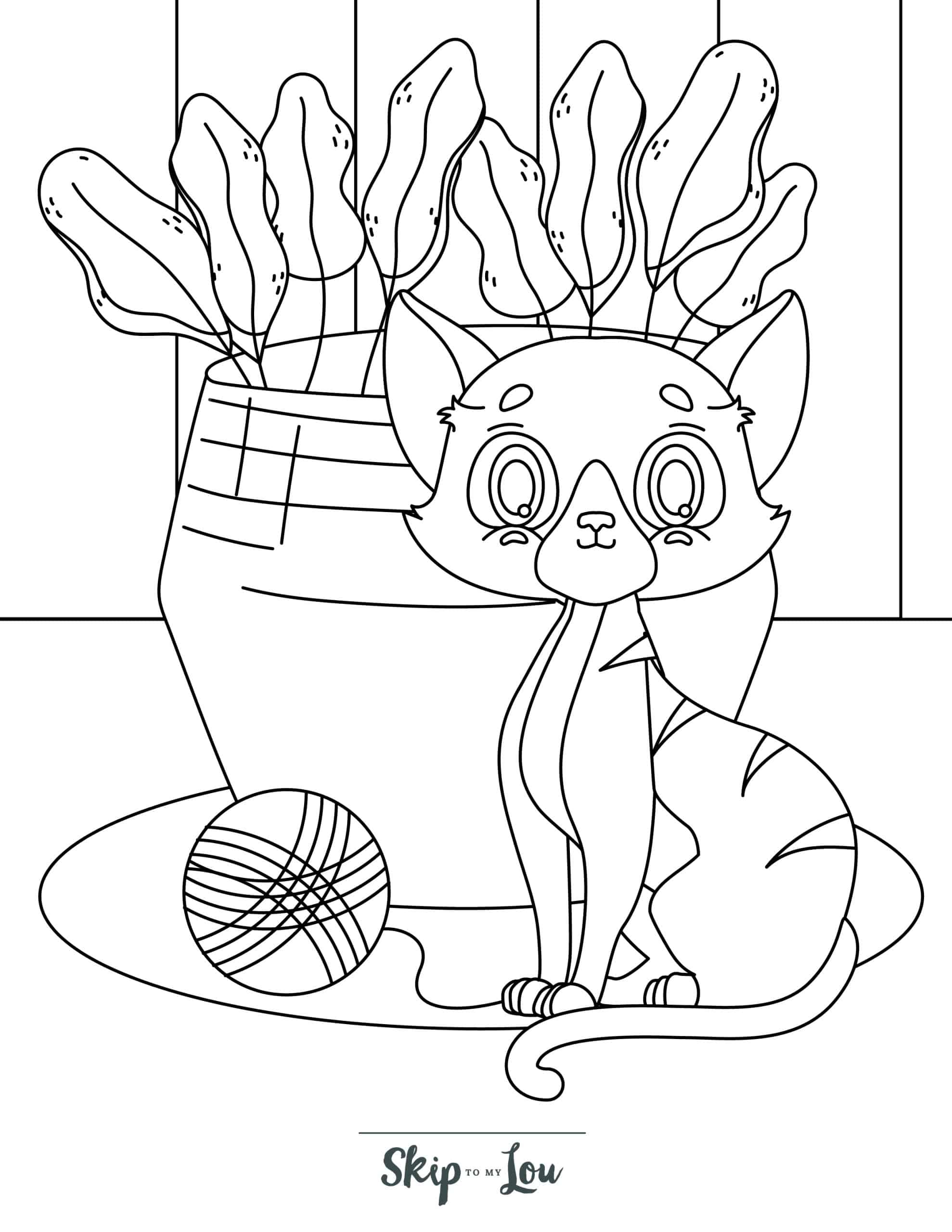 Kitten Coloring  A slim kitten with a ball of yarn, with a plant in the background