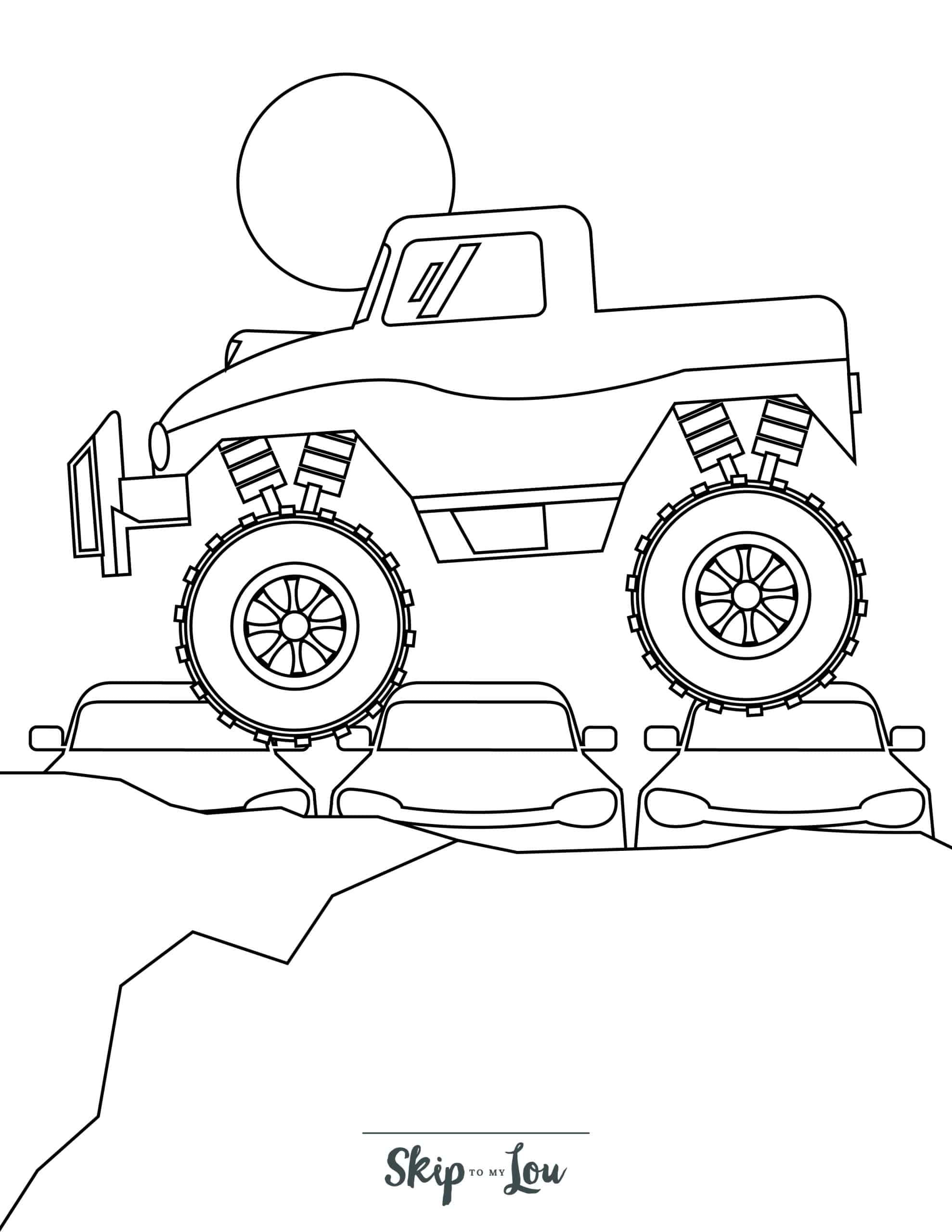 Monster Truck Coloring Page 4 - Monster truck climbing over cars