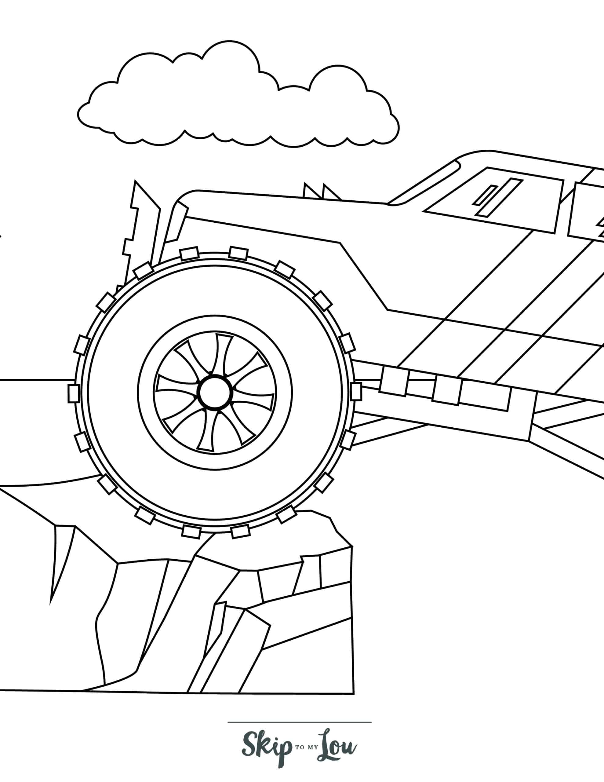 Monster Truck Coloring Page 7 - Front of monster truck on rock