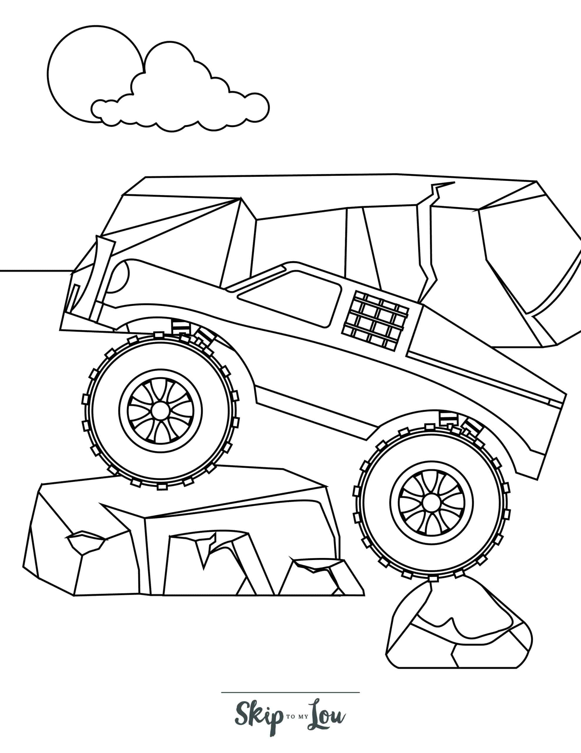 Monster Truck Coloring Page 9 - Monster truck on two rocks