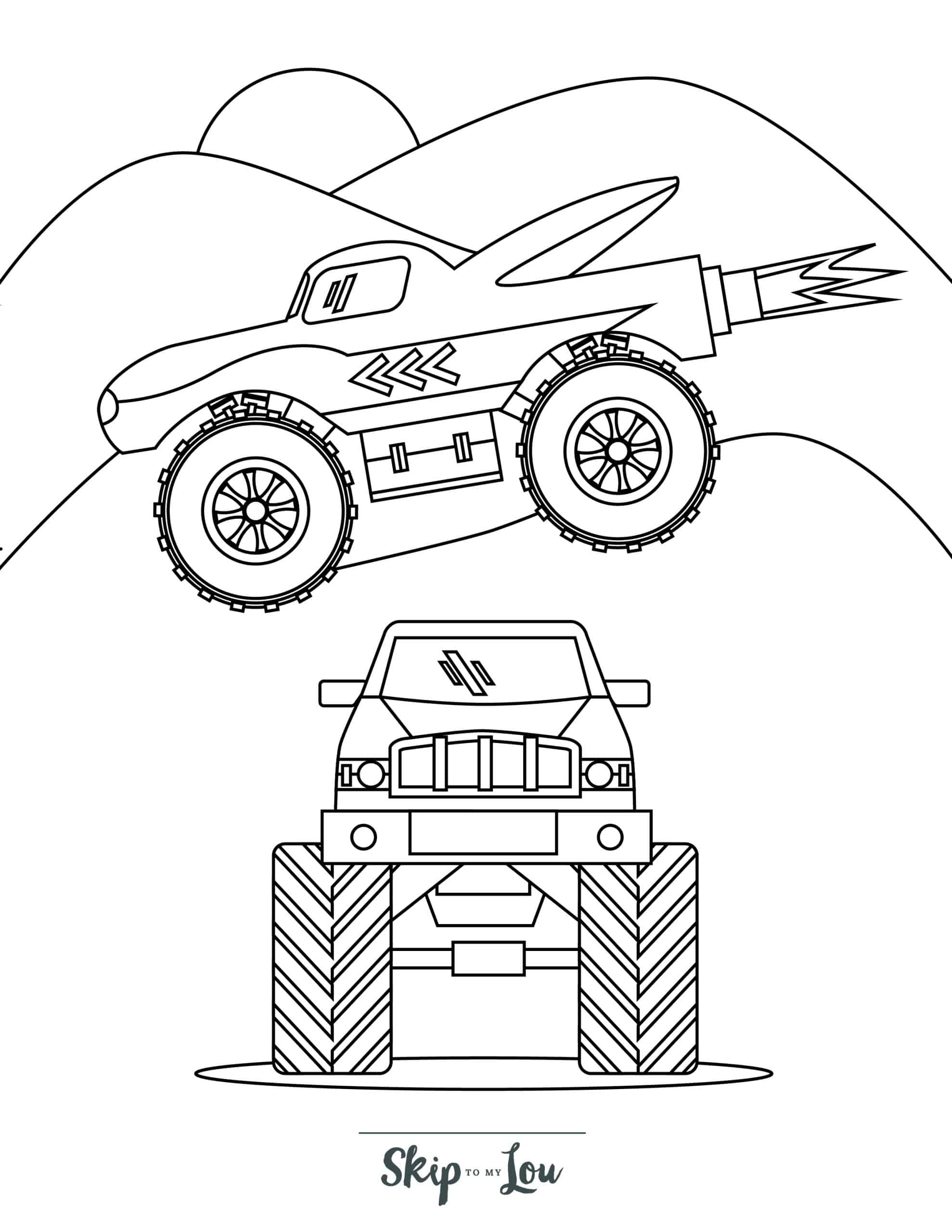 Monster Truck Coloring Page 11 - Monster truck jumping over another truck
