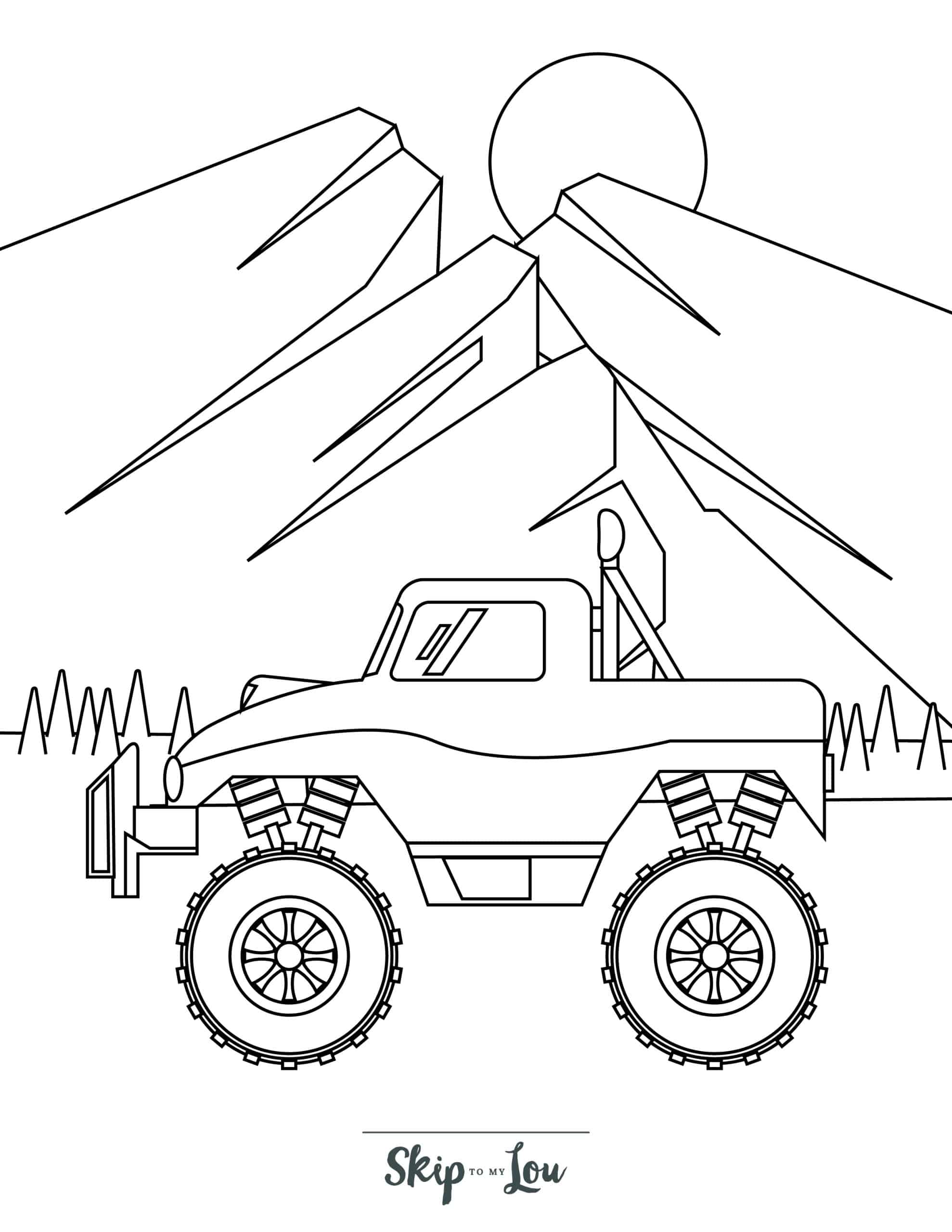 Monster Truck Coloring Page 12 - Monster truck in front of mountain