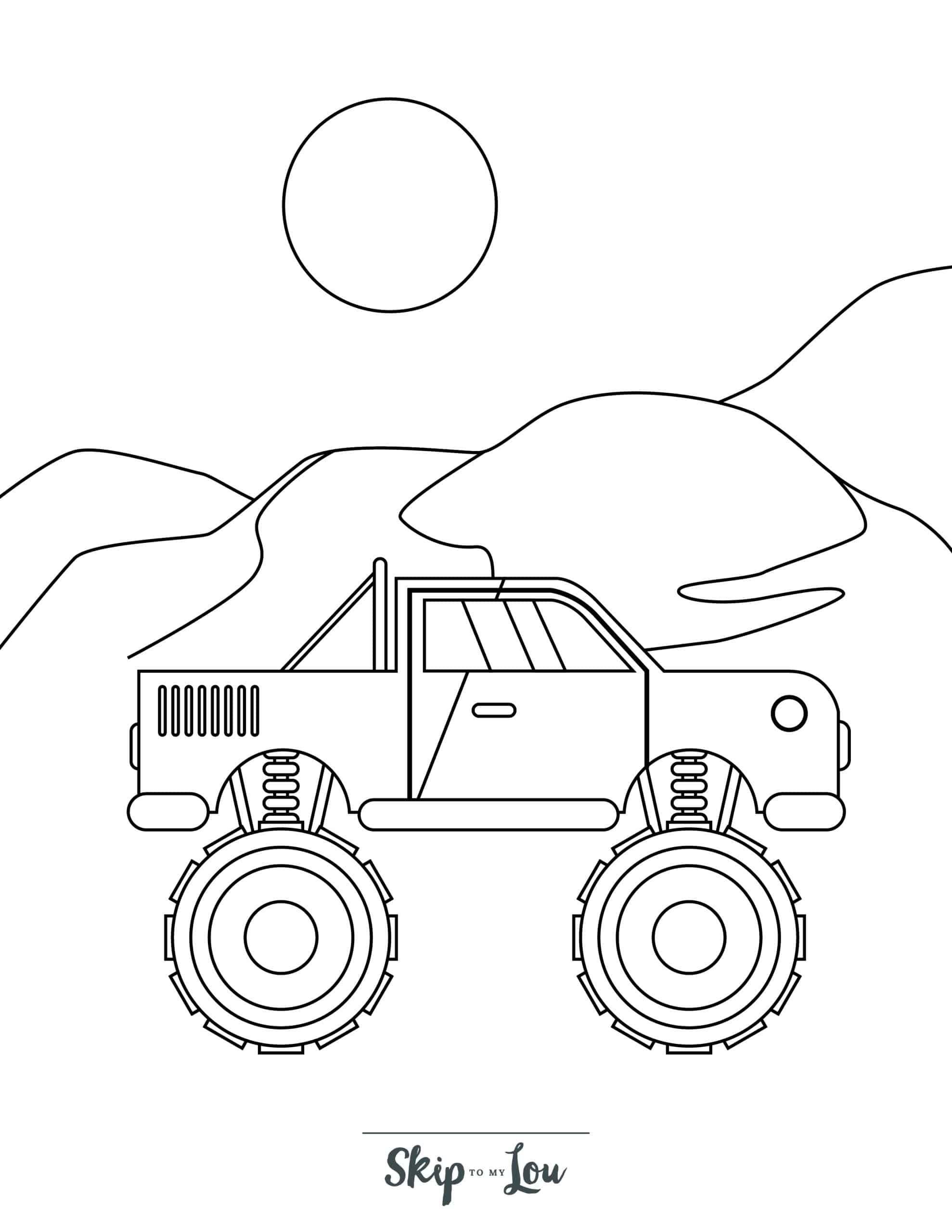 Skip to my Lou - Monster Truck Coloring Pages - Monster truck with hill and sun