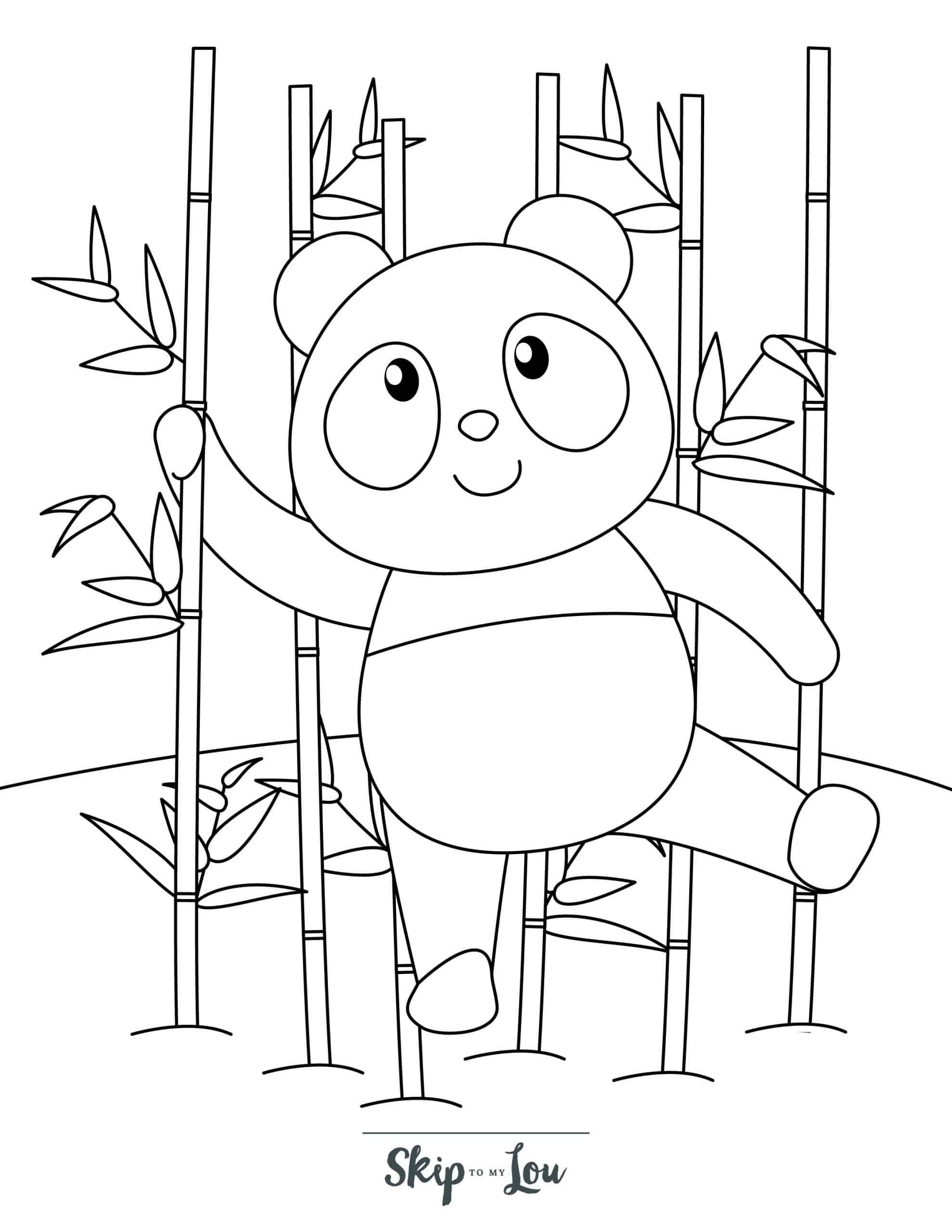 Panda Coloring Page 4 - Panda dancing with bamboo sticks and leaves in background