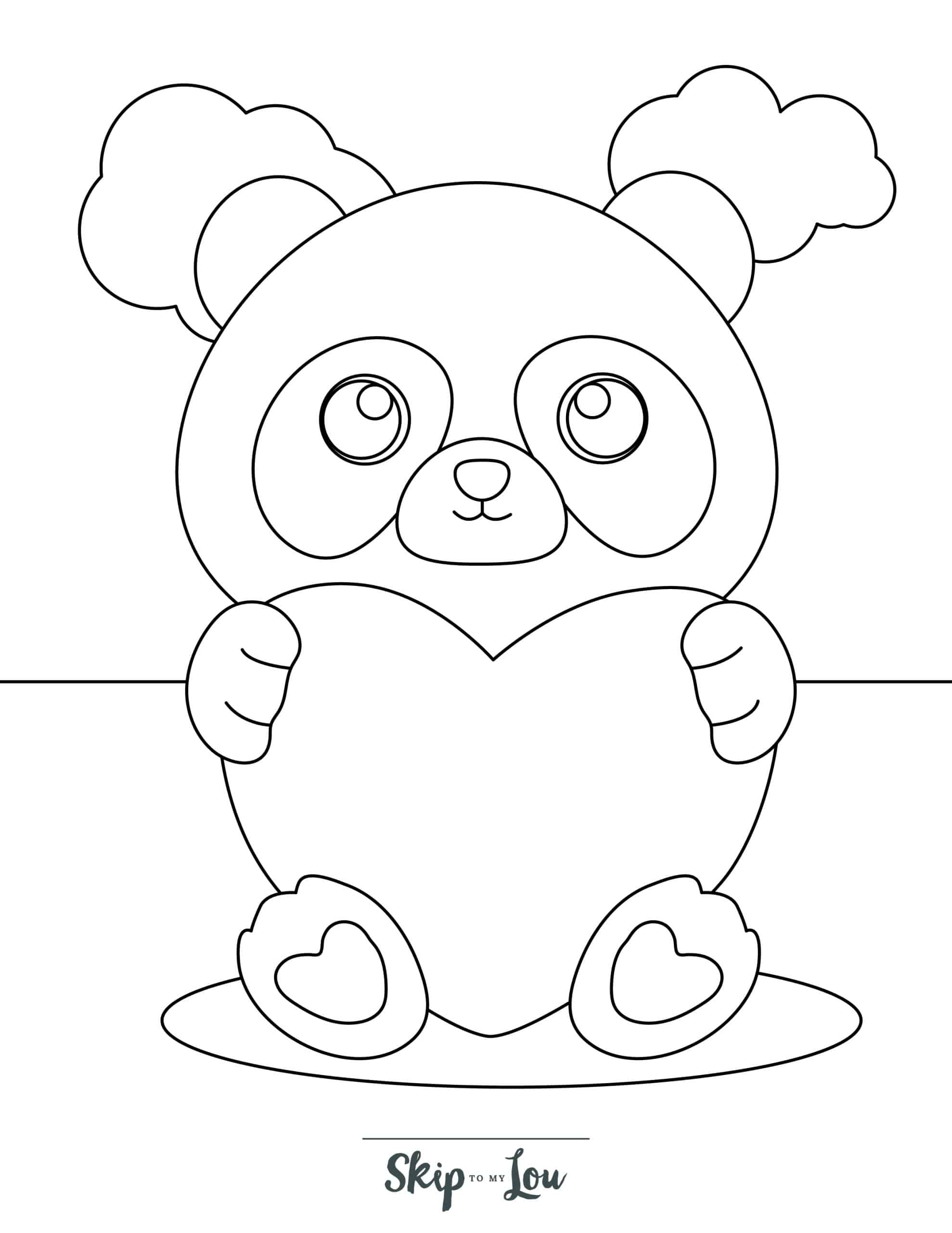 Panda Coloring Page 5 - Baby panda sitting and holding large heart, with clouds in background