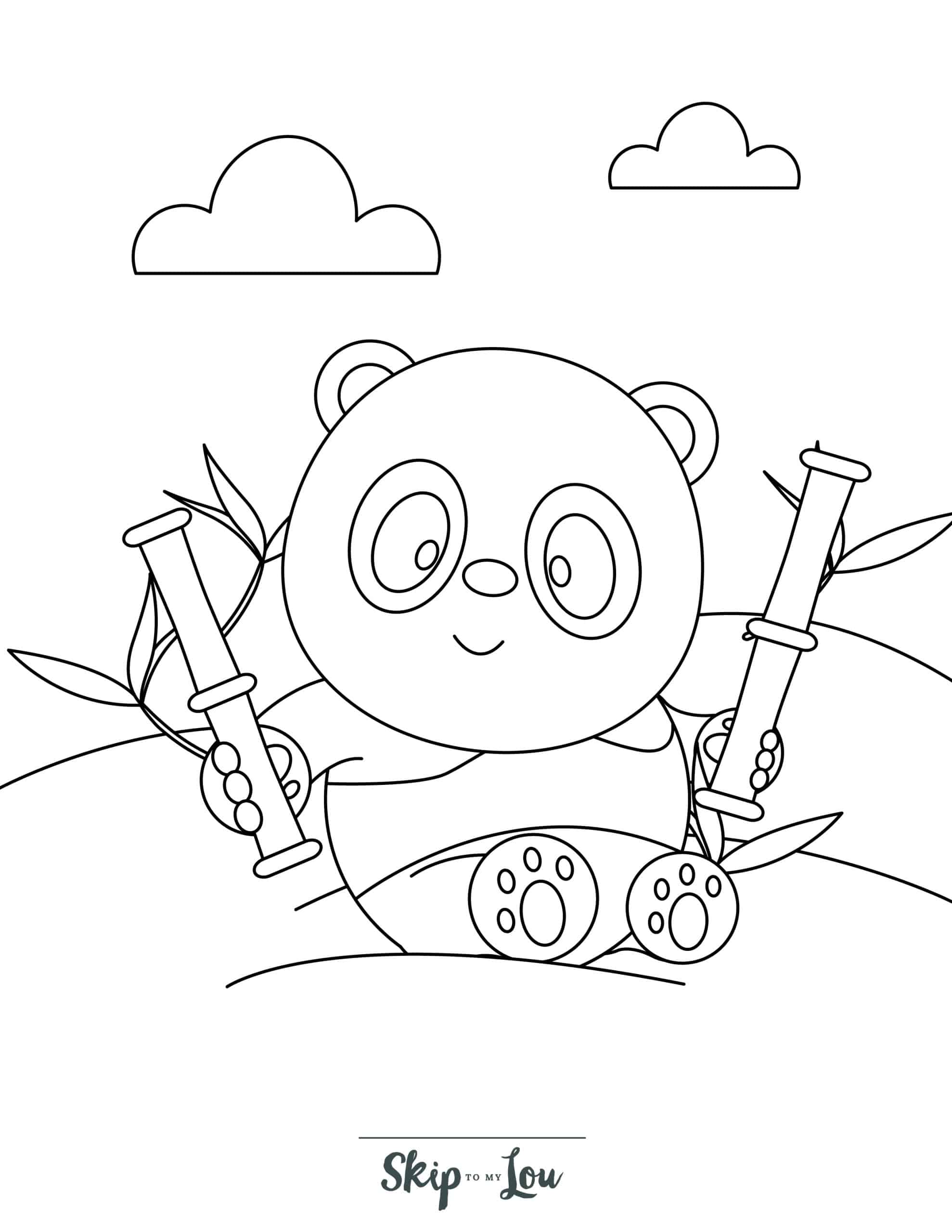 Panda Coloring Page 7 - Baby panda sitting holding two small sticks of bamboo