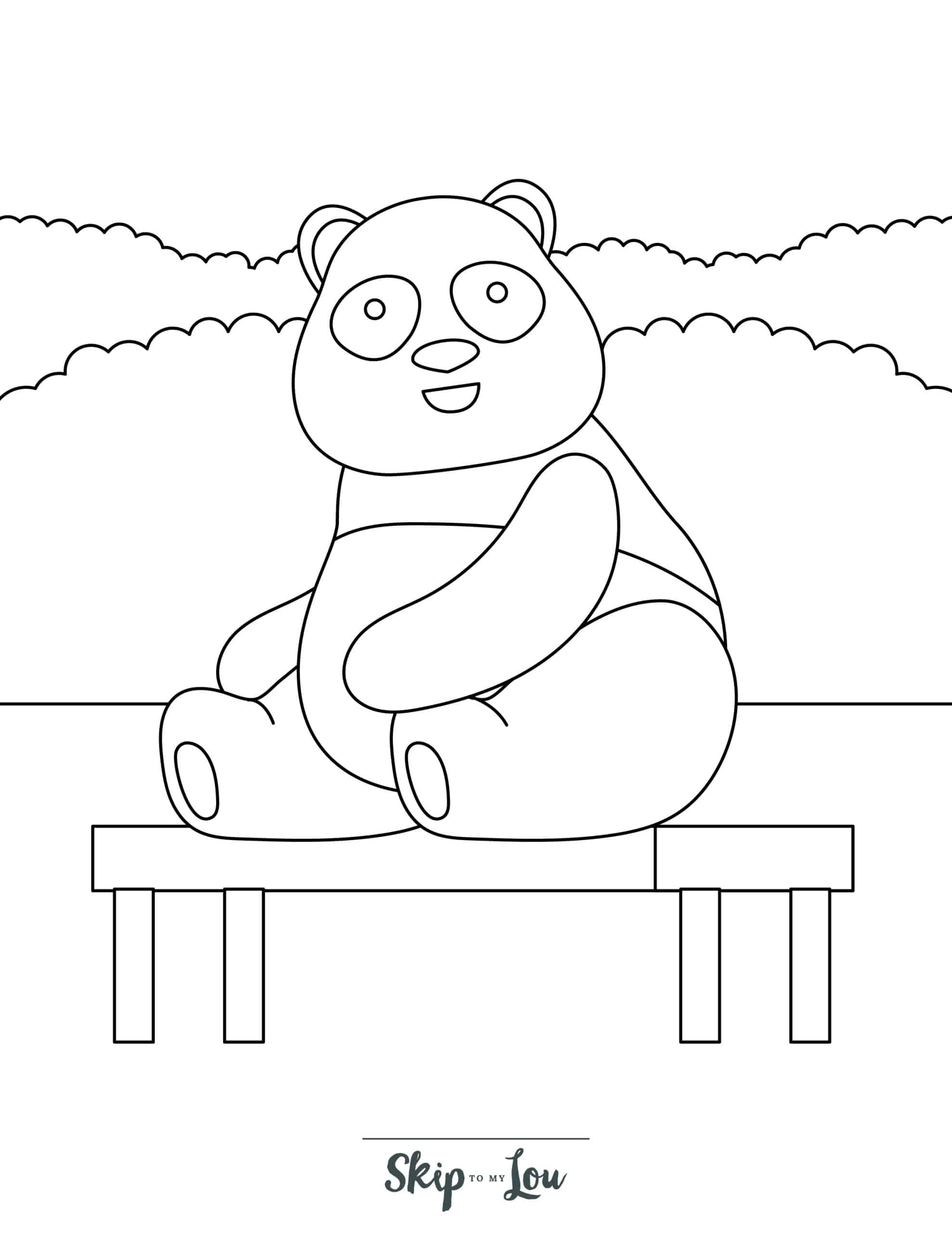 Panda Coloring Page 8 - Giant panda sitting on bench with clouds in background