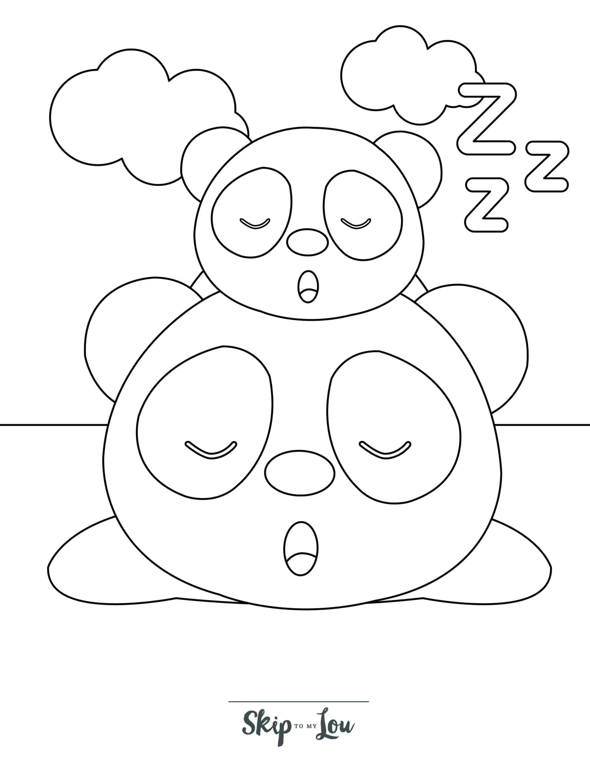 Panda Coloring Page 10 - Panda with baby panda sleeping on top, with clouds in background