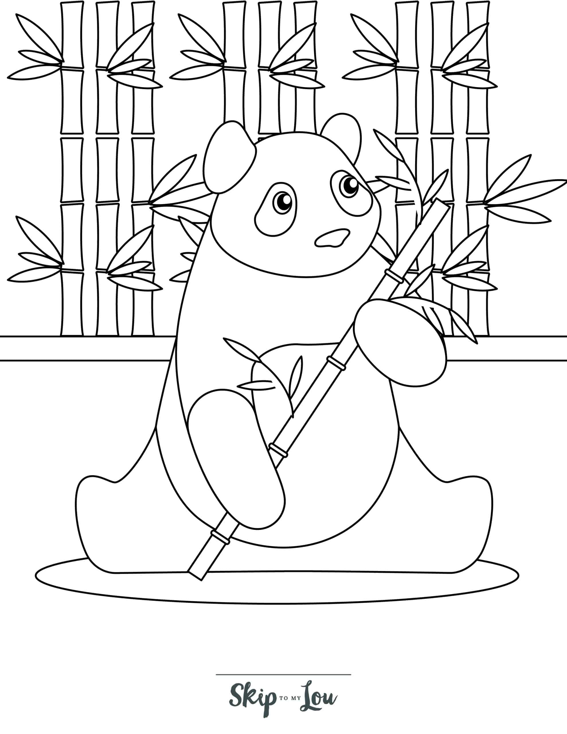Panda Coloring Page 12 - Large panda holding long stick of bamboo, with more bamboo sticks in background