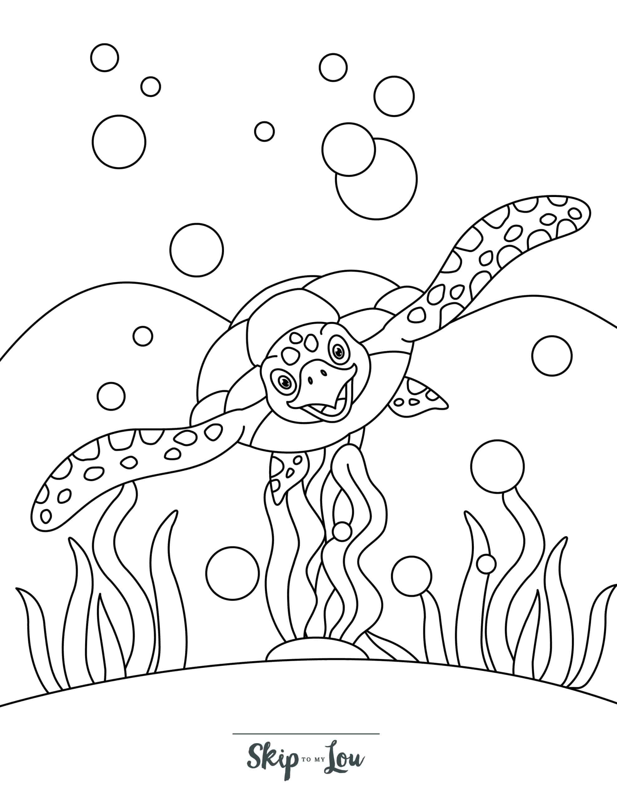 Turtle Coloring Page 11 - A happy turtle from the front, swimming underwater.