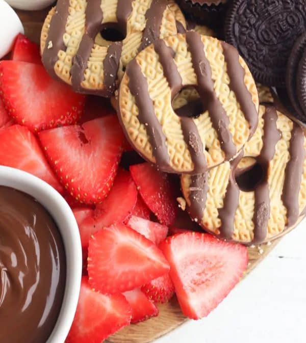 cookies, strawberries and chocolate dip close up from 3 Boys and a Dog.