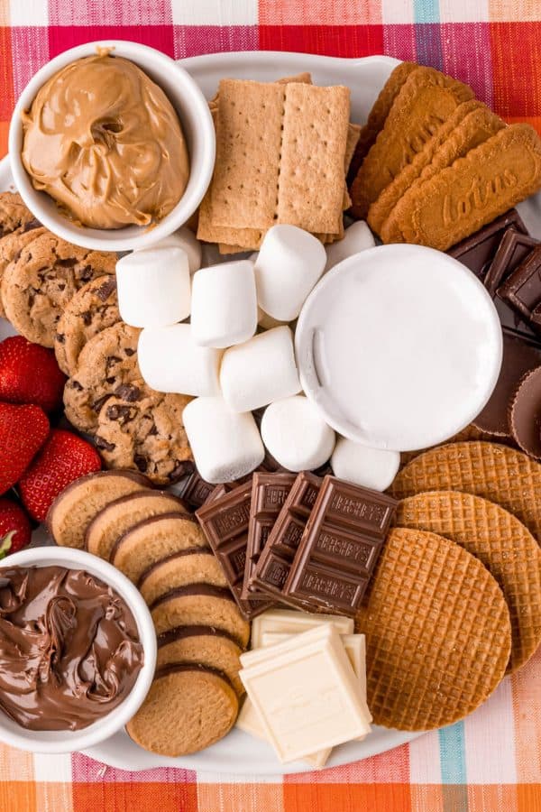 a simple board with waffle treats, cookies, chocolate, and marshmallows from Appetizers and Desserts