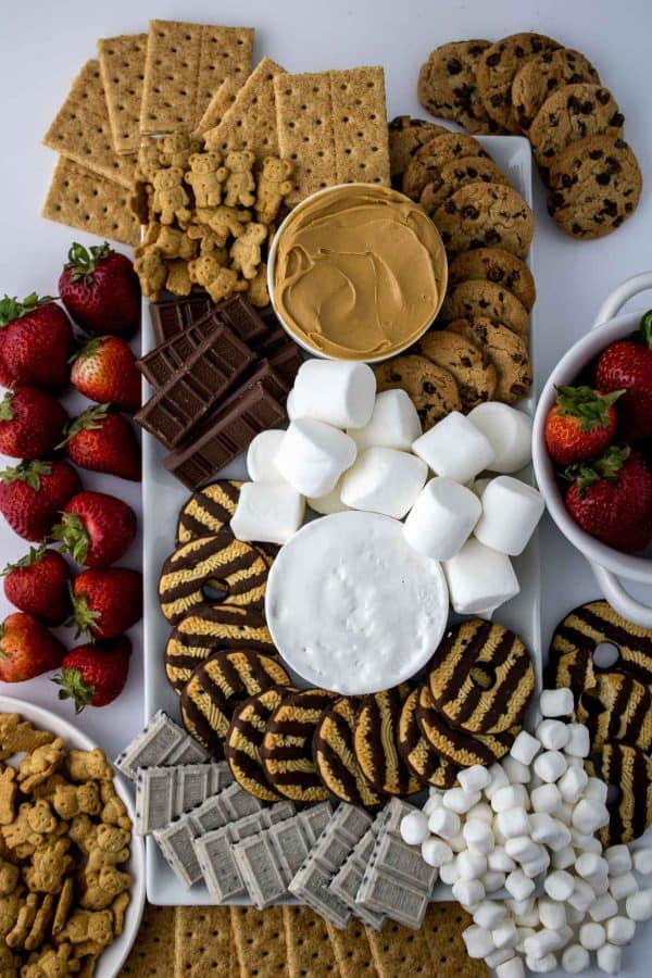 Mini and big marshmallows along with peanut butter and fluff dip make a simple charcuterie board from Brooklyn Native Mama