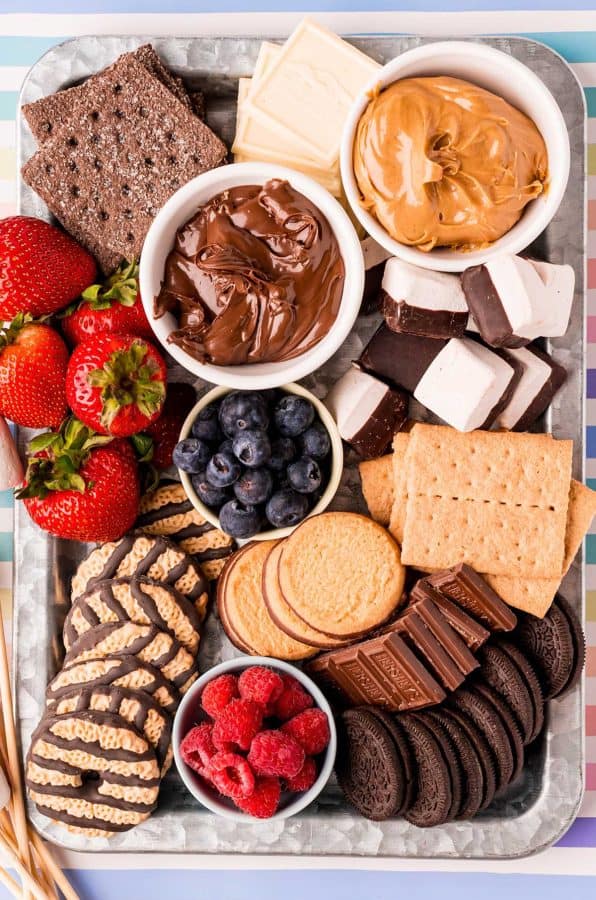 Homemade hooplah- chocolate dip, peanut butter, strawberries, marshmallows, and cookies