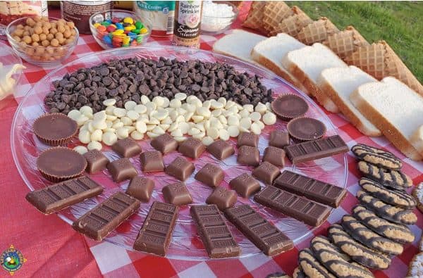 a large board perfect for a picnic fromLet's Camp S'more. Enough to make s'more sandwiches and other sweet treats