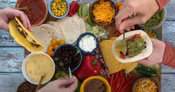 A simple board with the normal taco fixings from Recipes.
