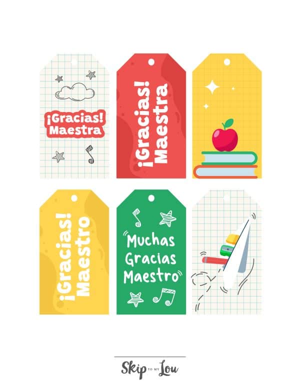 free printable thank you teacher in Spanish school themed tags