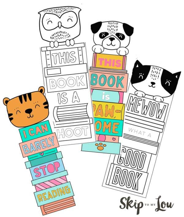 Collection of printable bookmarks for kids with the shapes of cat, owl and dog on top of books. from skip to my lou