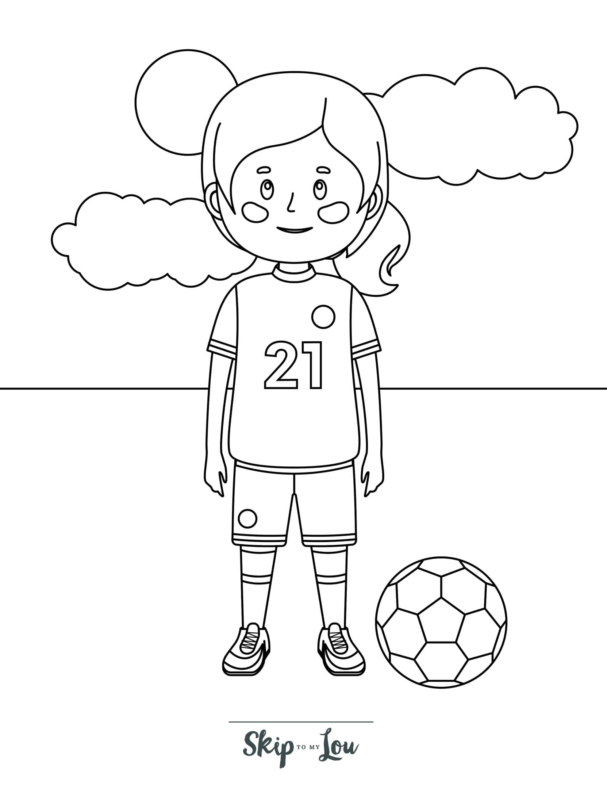 Football Coloring Page 3 - Woman footballer standing with football to her side, clouds in background