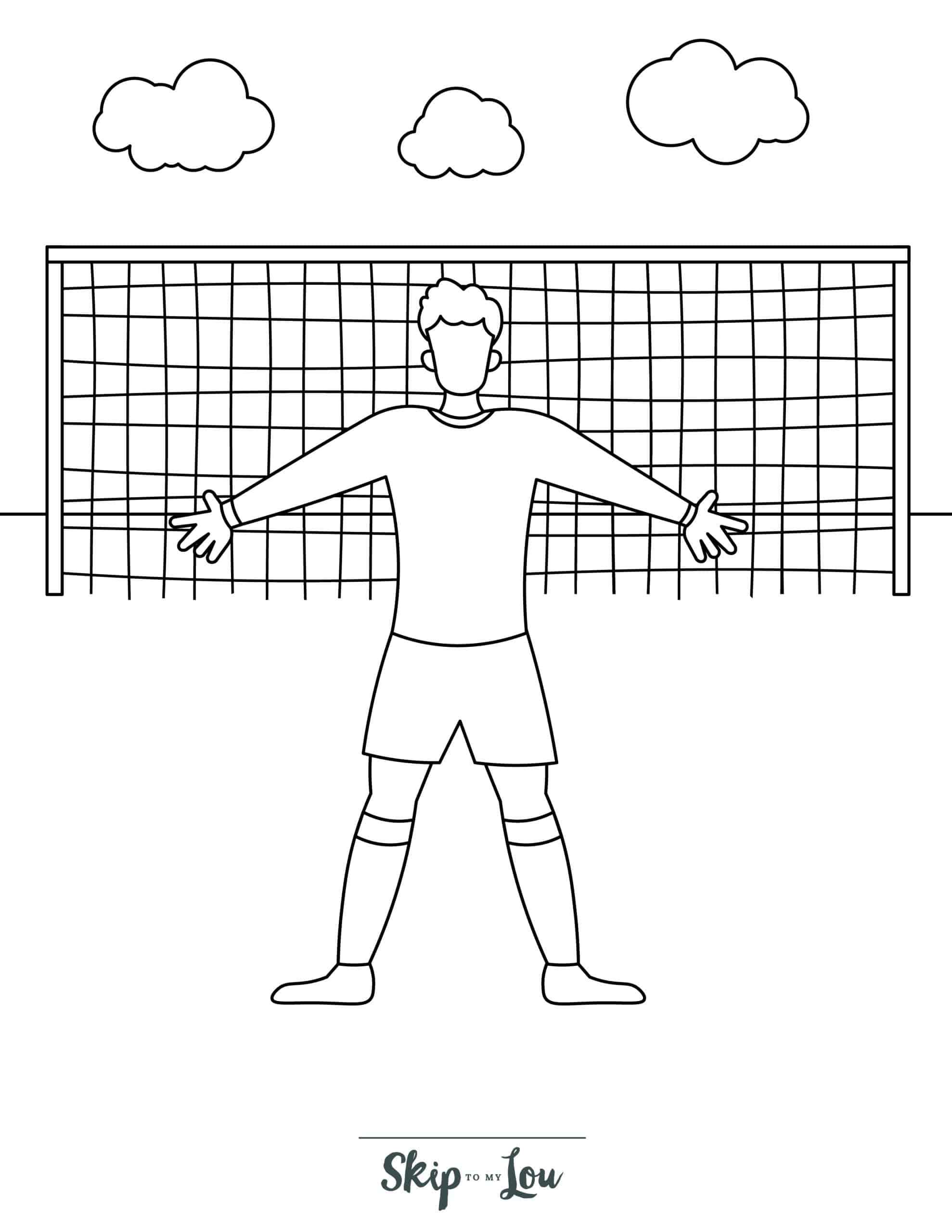 Football Coloring Page 7 - Goalkeeper with hands outstretched. Large goal in background, with clouds in sky