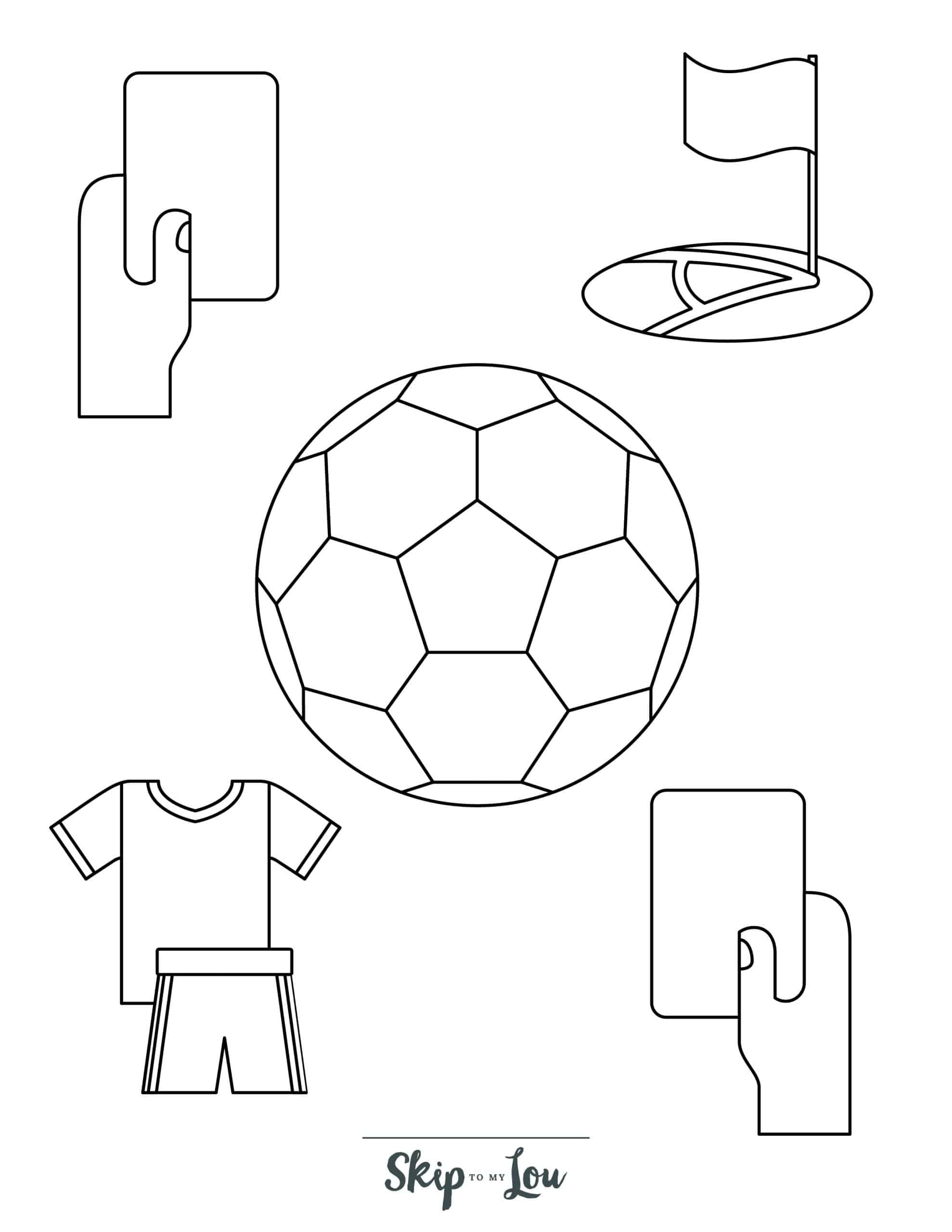 Football Coloring Page 8 - Football in center of page, with car in top left corner, corner flag in top right corner, football kit in bottom left corner, and another card in bottom right corner