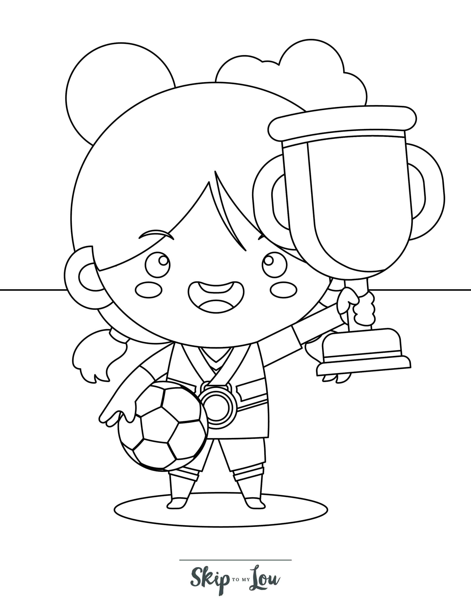 Football Coloring Page 9 - Young Girl holding trophy in one hand, and football in other