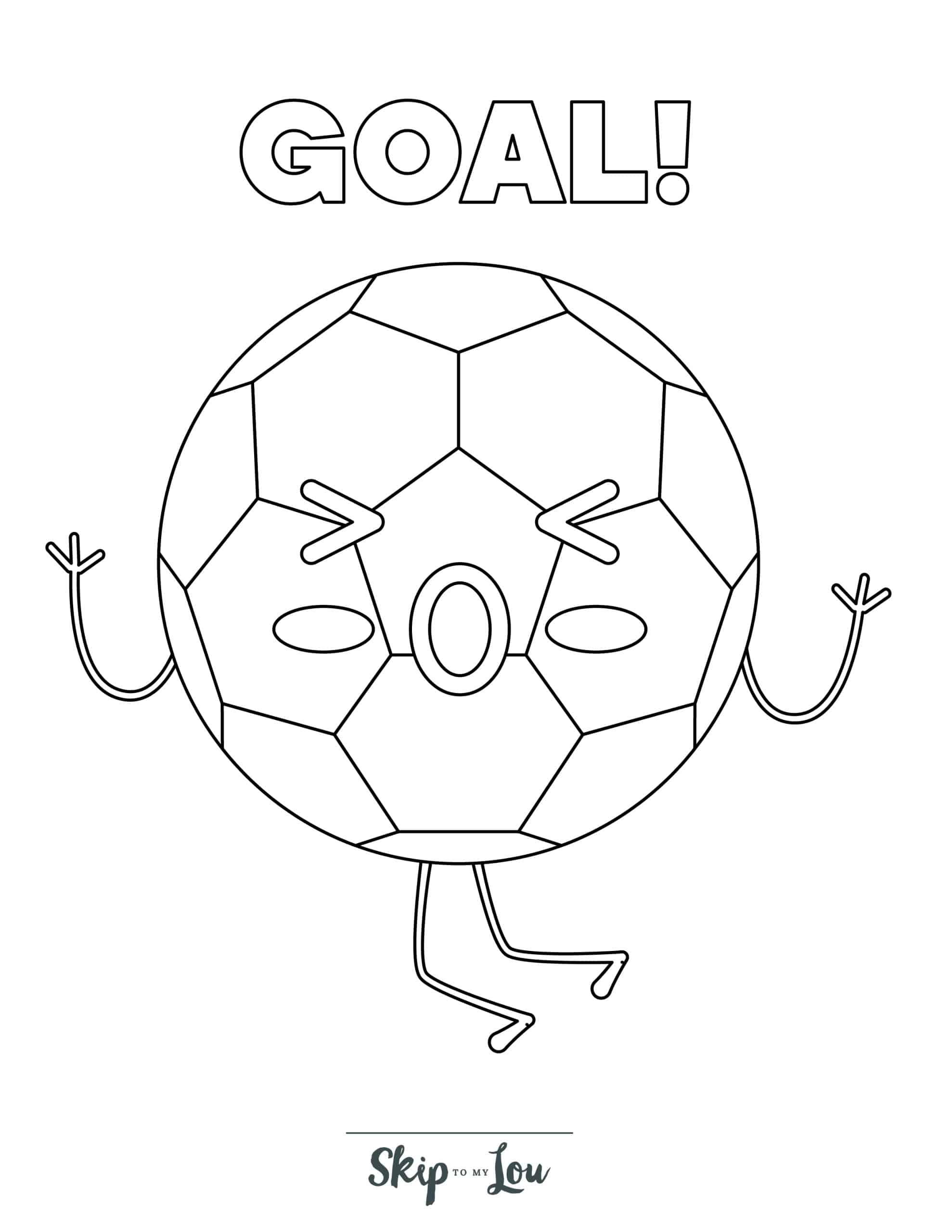 Football Coloring Page 10 - Football with hands and facial features, text with "goal!" above