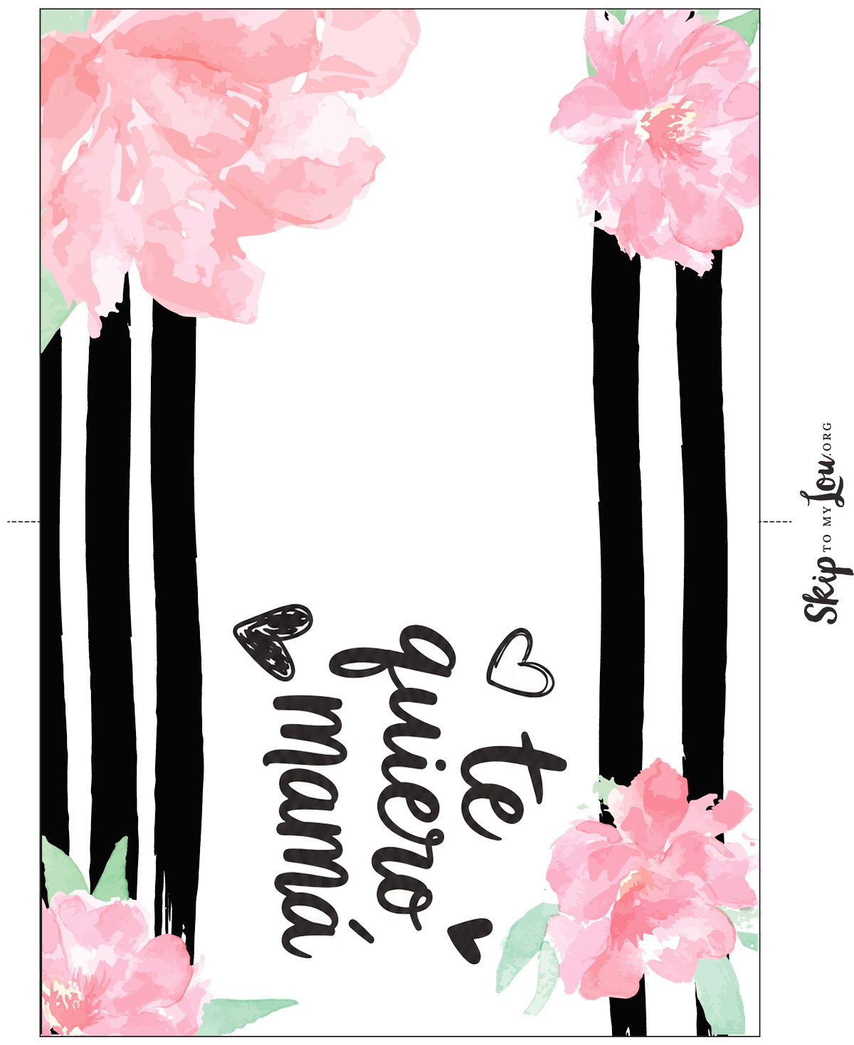 Printable Mother’s Day card in Spanish with pink flowers, black stripes, and the words Te quiero mamá.