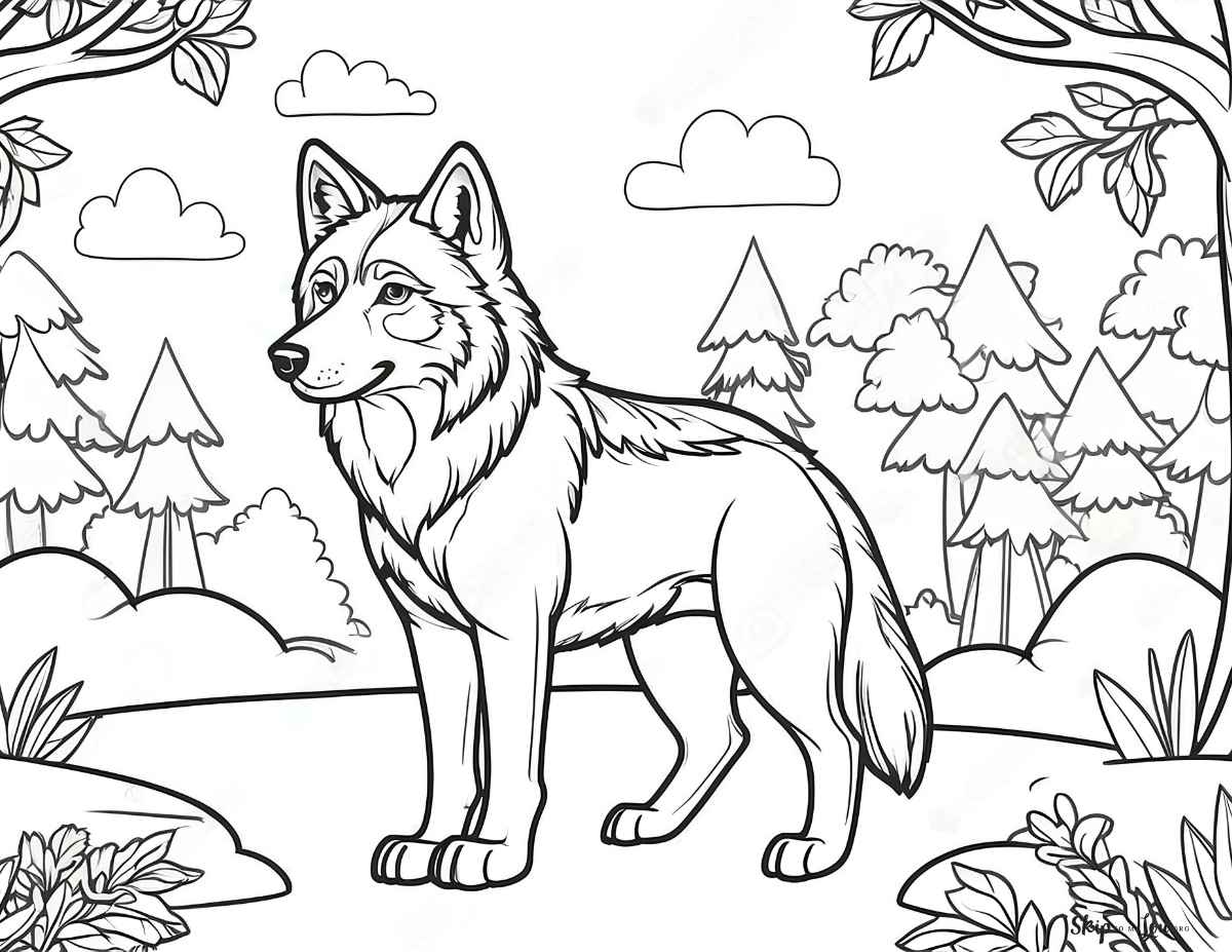 wolf in woods coloring page
