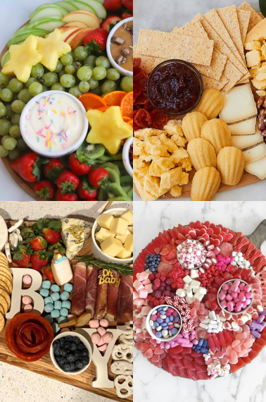 Compilation of different baby shower charcuterie boards including desserts, fruits and snacks.