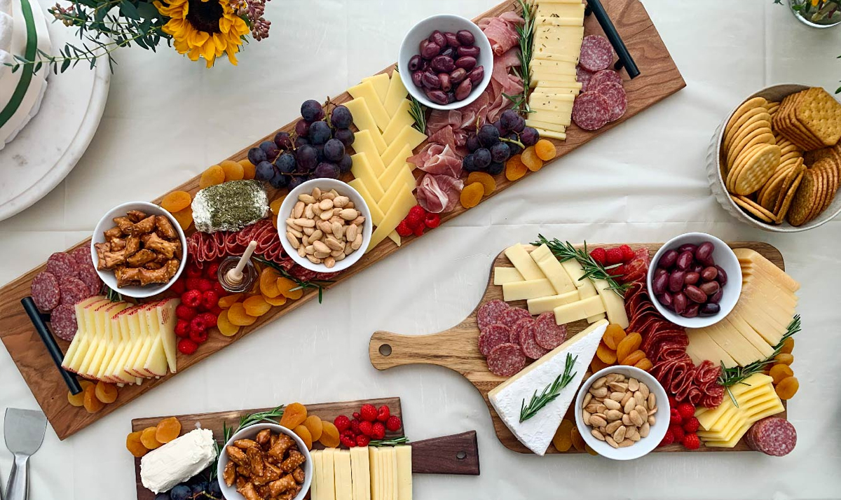 A simple charcuterie board spread from Mmm...boards are made from all ingredients you can find at trader joe's.