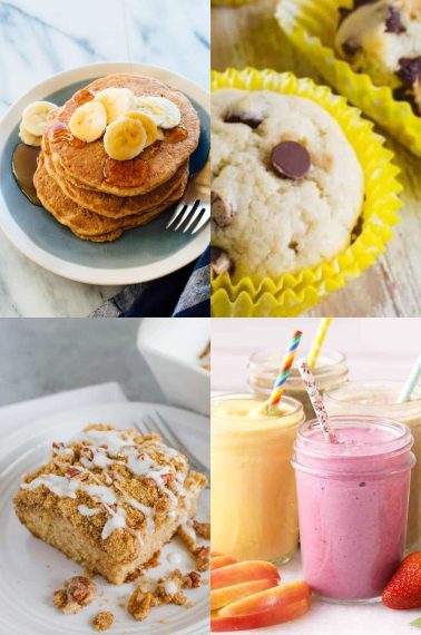 collage of yummy breakfast ideas for kids from Skip to my Lou
