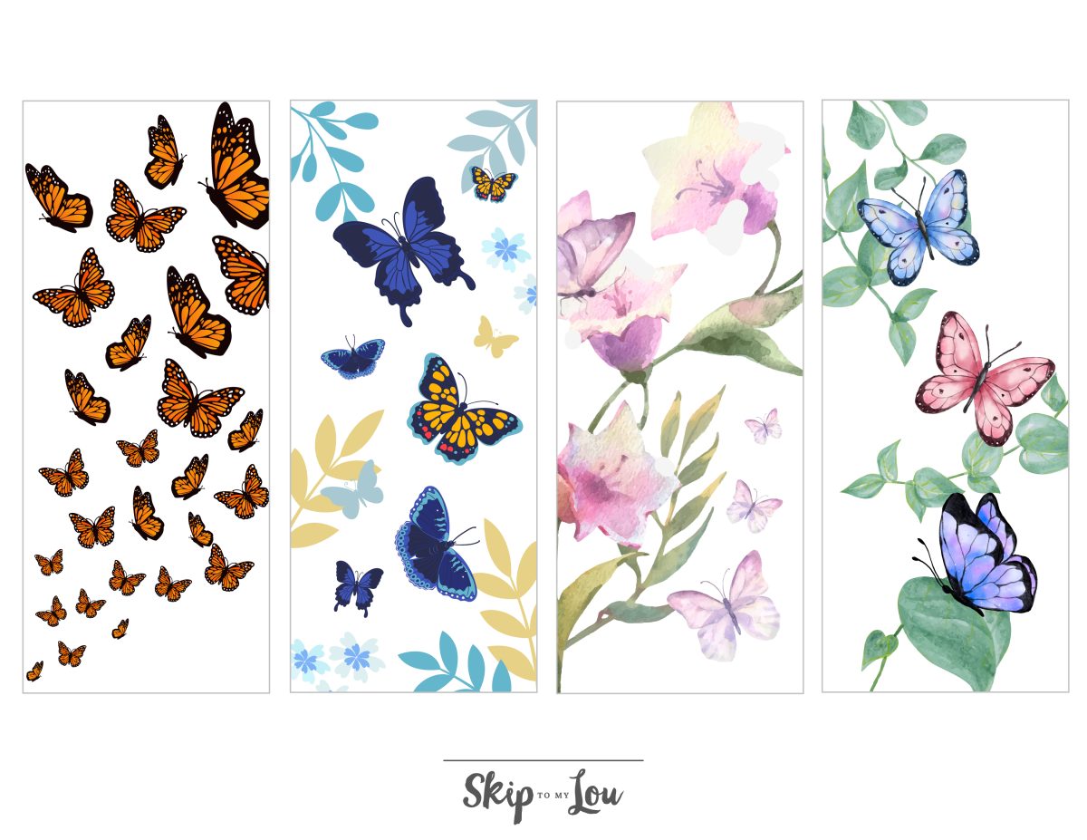 Single page with four butterfly bookmarks in color.