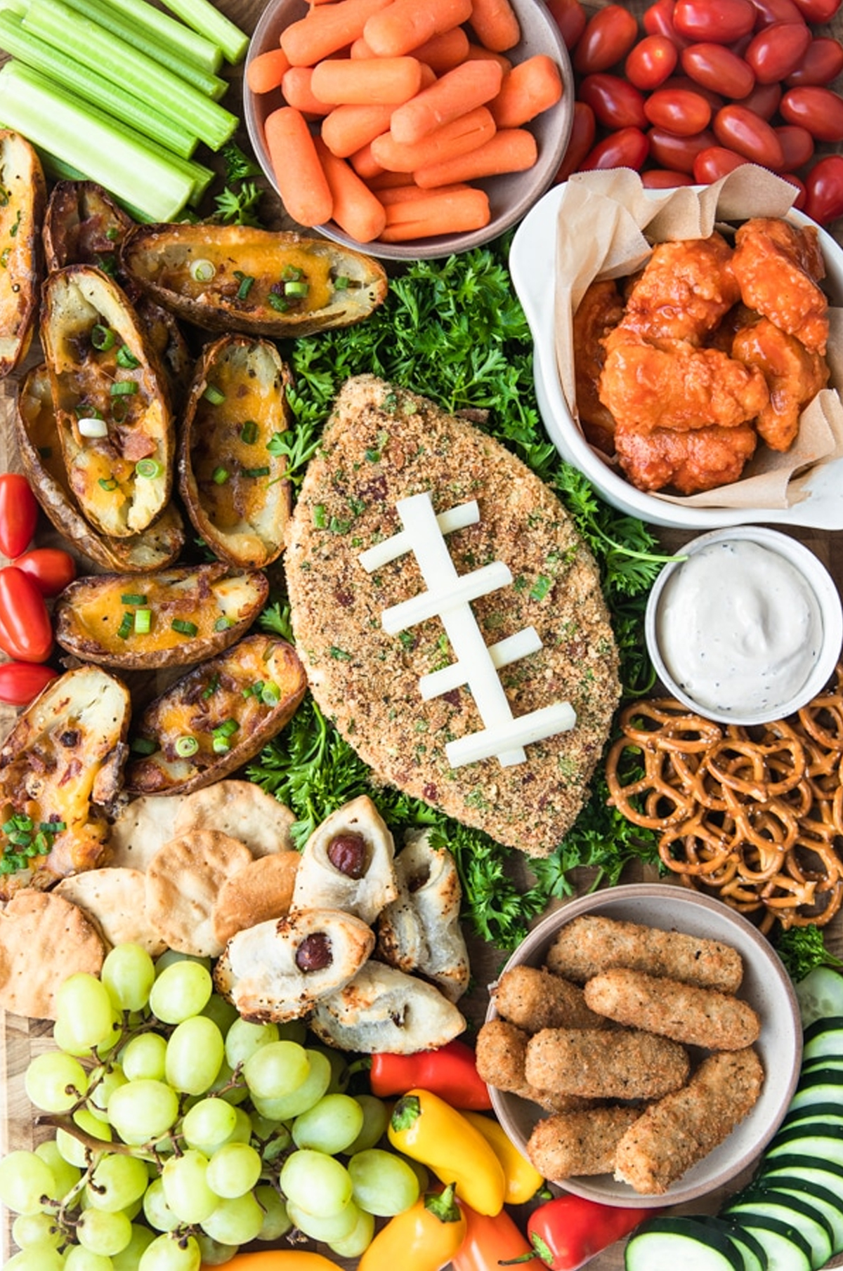 Kroll's Korners created a football board full us carrots, celery, potato skins, pretzels. and mozarella sticks.