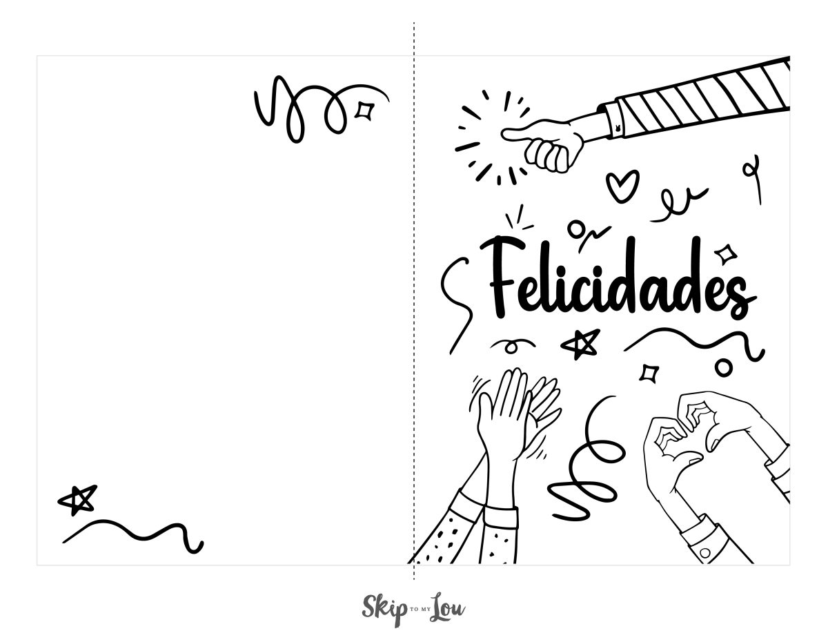 Black and white Felicidades card- Congratulations in Spanish - with celebratory drawings.