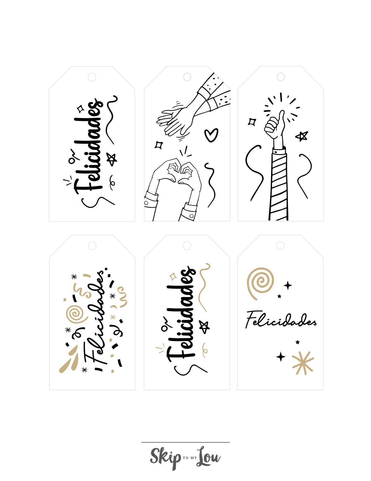 Printable black and white Felicidades cards - Congatulations in Spanish