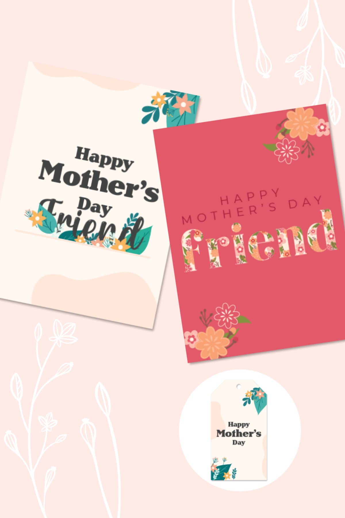 Two printable Happy Mother's Day friend cards over a light pink background.
