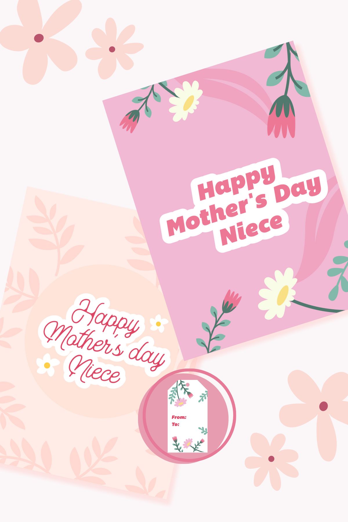 Two printable Happy Mother's Day niece cards over a light pink background.