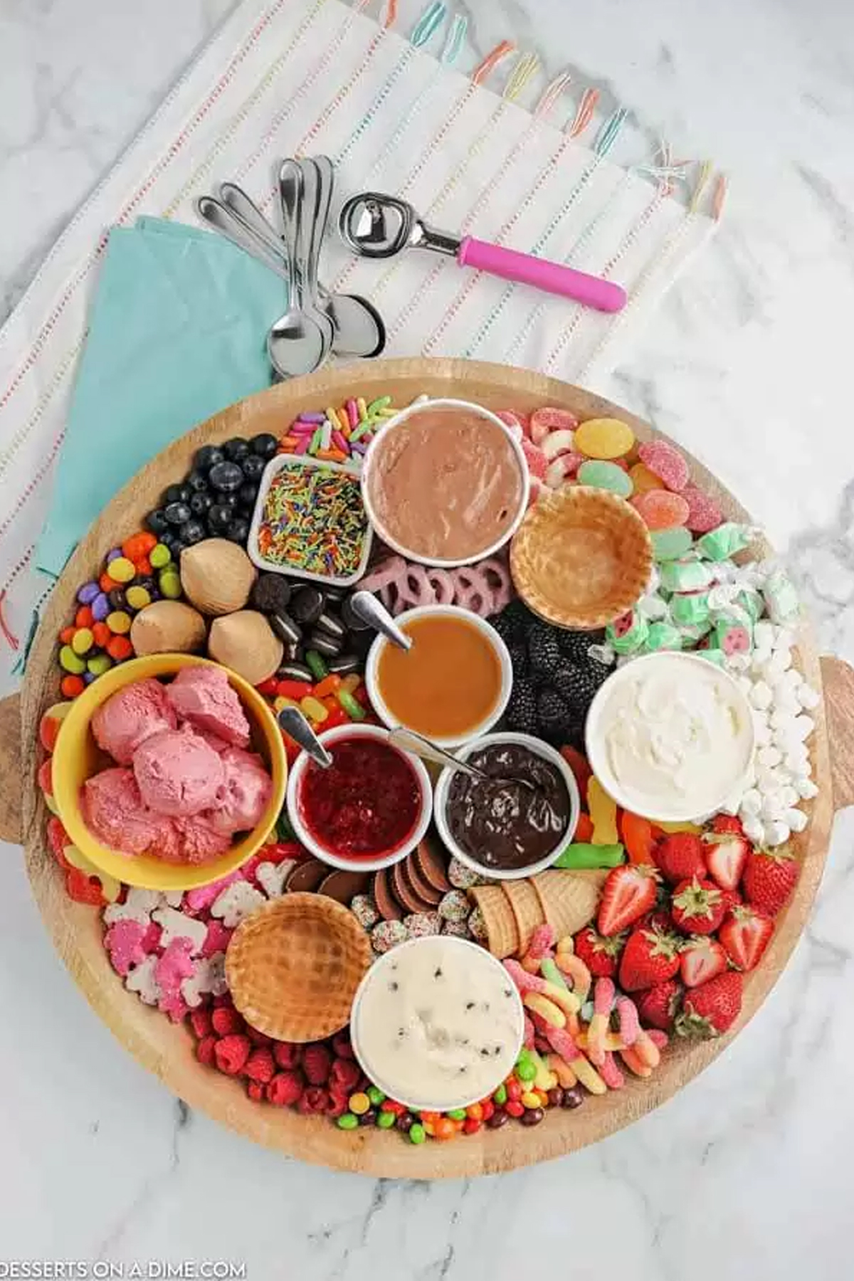 A beautifully full board from Desserts on a Dime with plenty of ice cream and toppings.