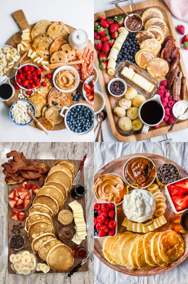 Collage of pancake charcuterie board ideas curated by Skip to my Lou