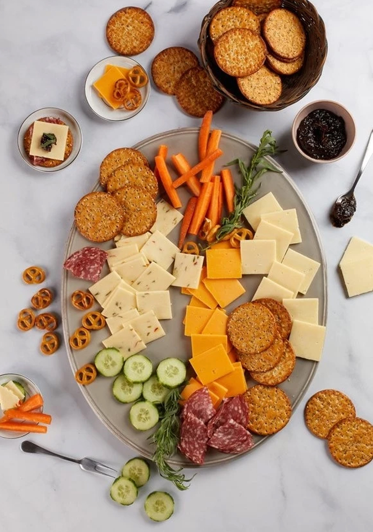 a simple platter of cheese, crackers, and veggies from cabot creamery