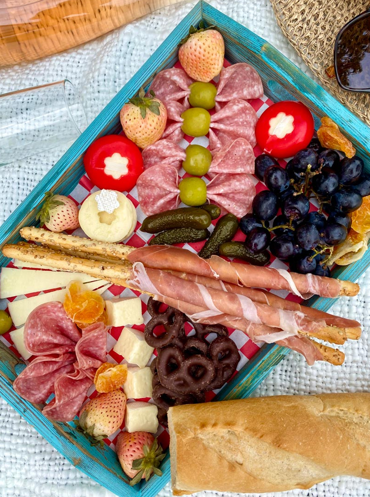 a tray of meet, olives, cheese, and more from krazy kitchen mom.
