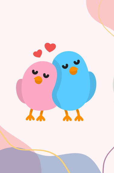 Image shows two love birds - a blue and a pink one - with two hearts on top of them.
