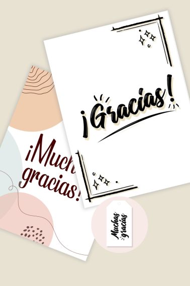 Image shows two printable Thank you in Spanish cards that say Gracias and Muchas gracias. From Skip to my Lou