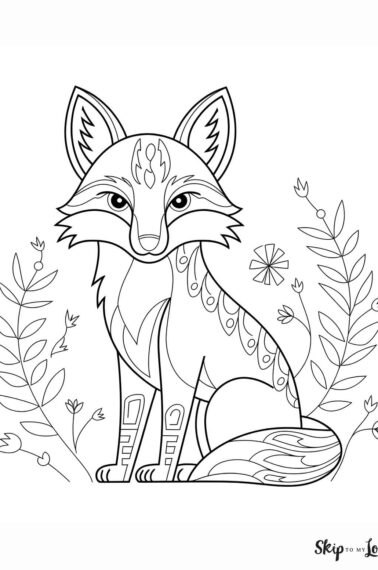 fancy sitting fox with flowers coloring page